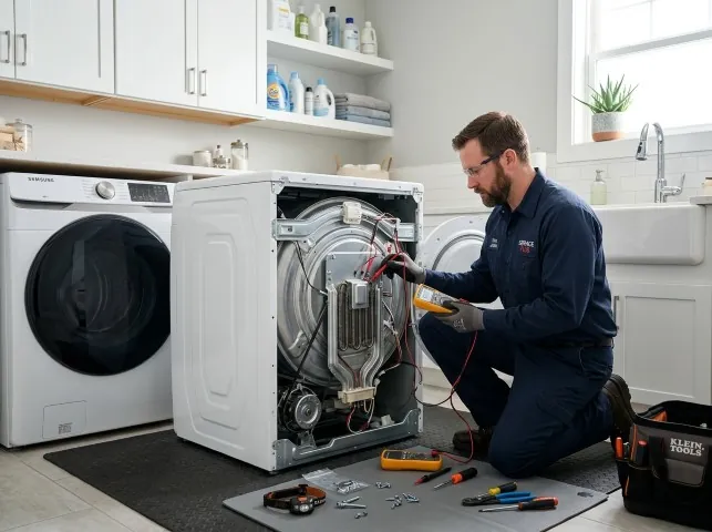 Appliance Repair Hero technician checking a dryer heating element with the rear panel off in Ann Arbor, MI