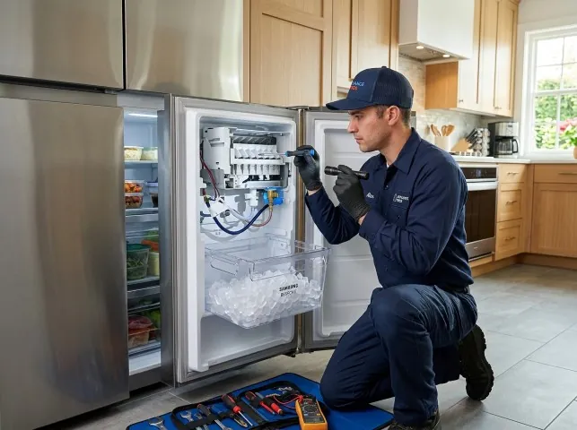 Appliance Repair Hero technician repairing a refrigerator ice maker in Ann Arbor, MI