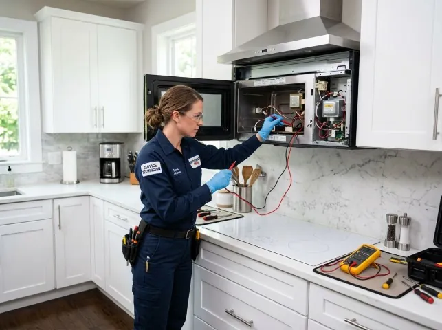 Appliance Repair Hero technician testing an over-the-range microwave in a Ann Arbor, MI kitchen
