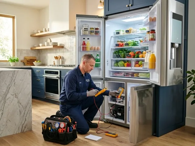 Appliance Repair Hero refrigerator technician testing a fridge on a Ann Arbor, MI service call