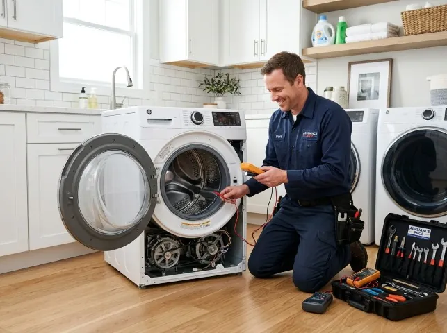 Appliance Repair Hero technician testing a front-load washer with a multimeter on a Ann Arbor, MI service call